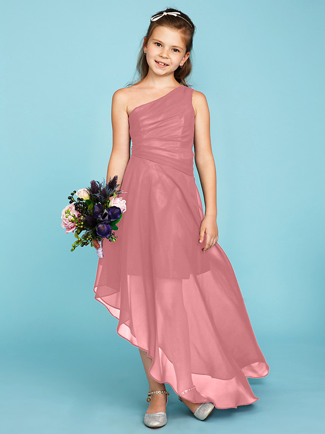 A-Line One Shoulder Asymmetrical Chiffon Junior Bridesmaid Dress With Side Draping / Wedding Party