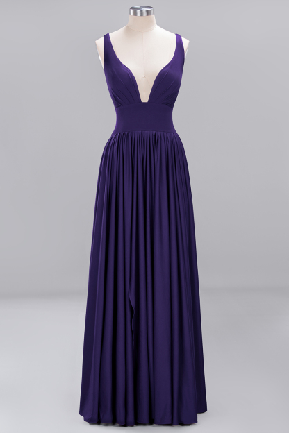 A-Line V-Neck Sleeveless Long Ruffles Bridesmaid Dress