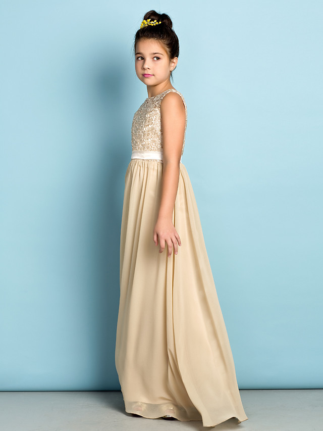 A-Line Scoop Neck Floor Length Chiffon / Lace Junior Bridesmaid Dress With Lace / Natural / Mini Me
