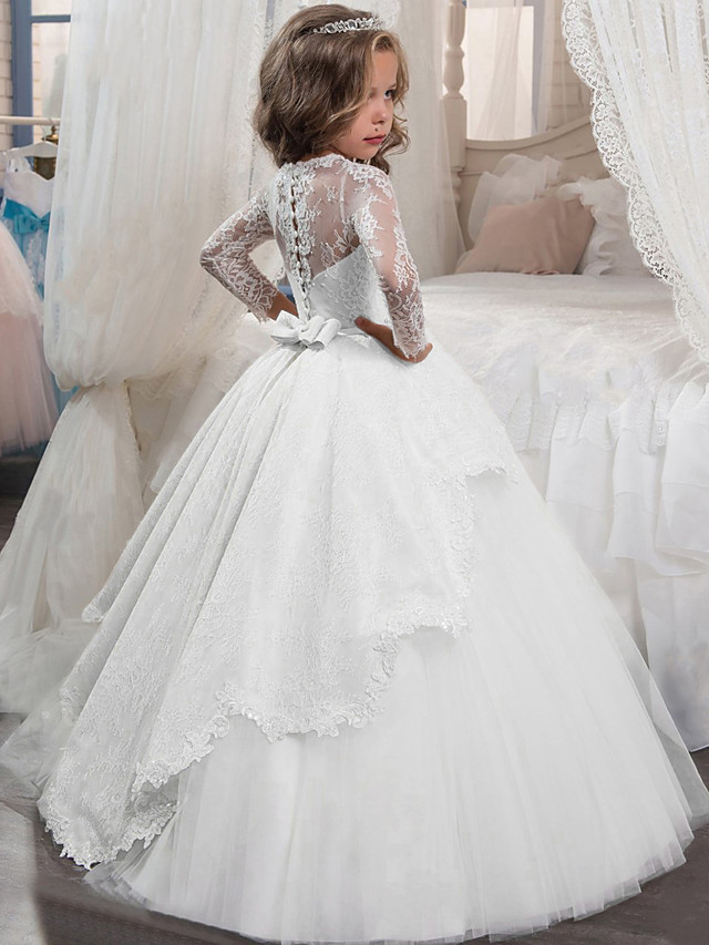 Long A-line Jewel Neck Tulle Lace First Communion Flower Girl Dresses with Sleeves