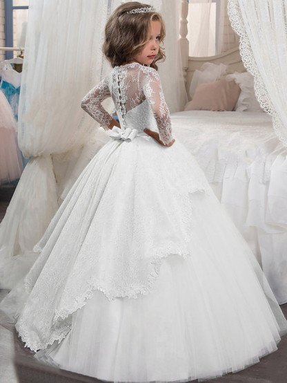 Long A-line Jewel Neck Tulle Lace First Communion Flower Girl Dresses with Sleeves