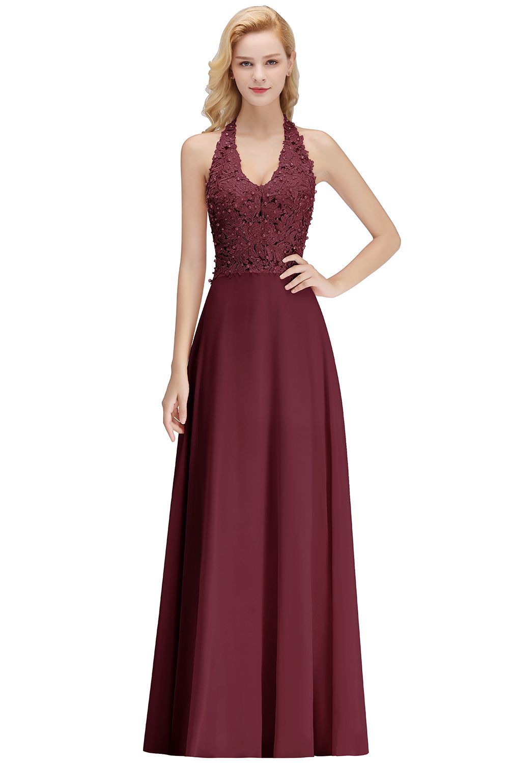 Halter Composite Emulation Silk A-line Floor Length Bridesmaid Dress