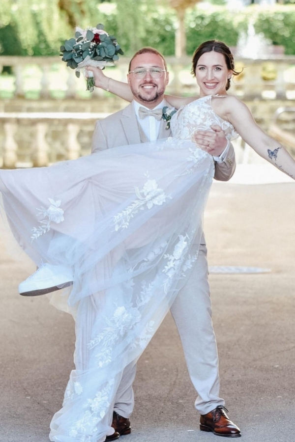 Off The Shoulder A Line Appliques Lace Tulle Long Wedding Dress