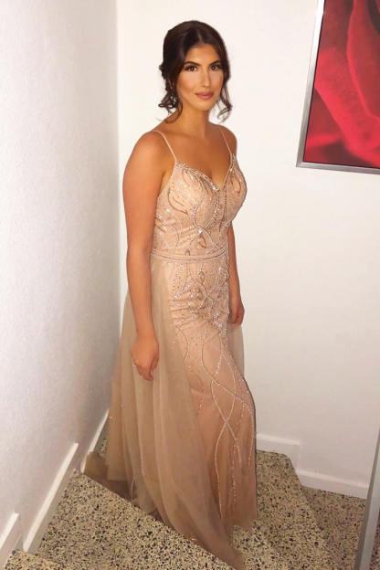 Spaghetti Straps Sweetheart Beading Mermaid Prom Dress With Tulle Train
