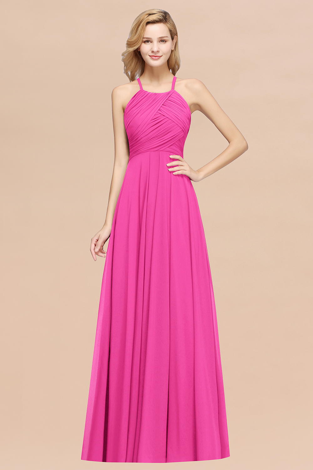 A-Line Chiffon Halter Ruffles Floor-Length Bridesmaid Dress