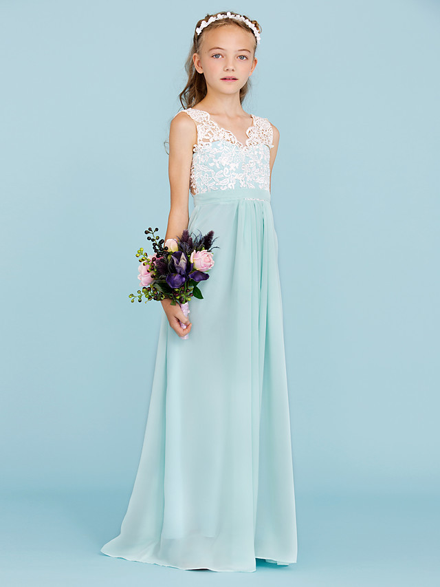 Sheath / Column V Neck Floor Length Chiffon / Lace Junior Bridesmaid Dress With Sash / Ribbon / Pleats / Color Block / Wedding Party / Open Back