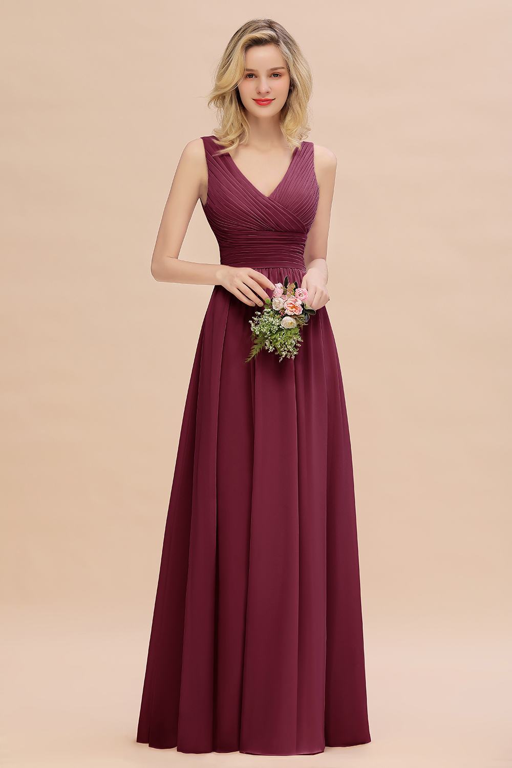 Elegant A-line V-Neck Ruffles Long Bridesmaid Dress