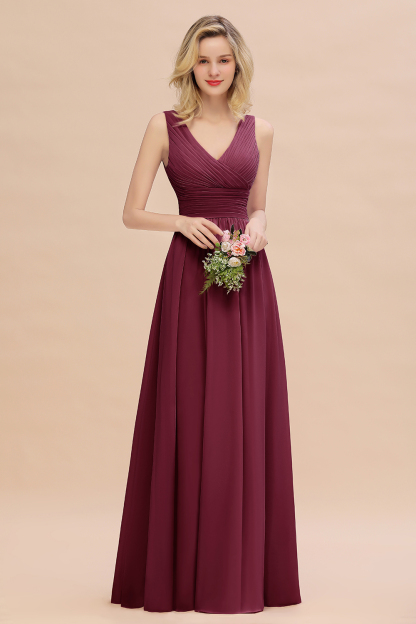 Elegant A-line V-Neck Ruffles Long Bridesmaid Dress
