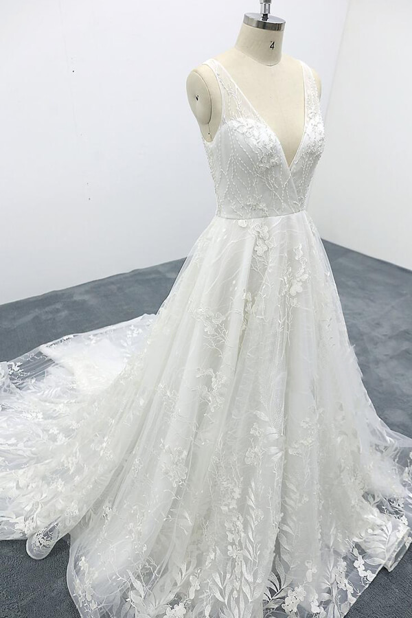Elegant Long V-neck Appliques Lace Tulle A-line Wedding Dress