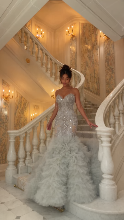 Sweetheart Beading Mermaid Long Prom Dress with Ruffled Train