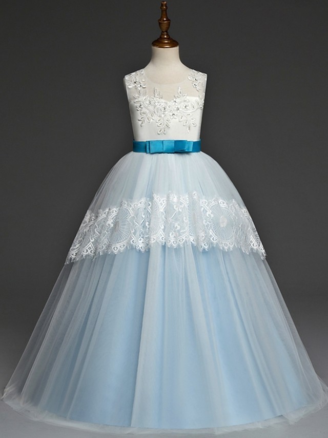 A-Line Floor Length Pageant Flower Girl Dresses - Tulle Sleeveless Jewel Neck With Lace / Bow(S)
