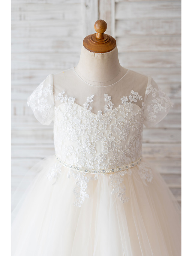 Short Ball Gown Tulle Lace Flower Girl Dresses with Sleeves