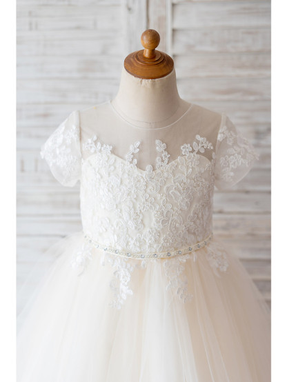 Short Ball Gown Tulle Lace Flower Girl Dresses with Sleeves