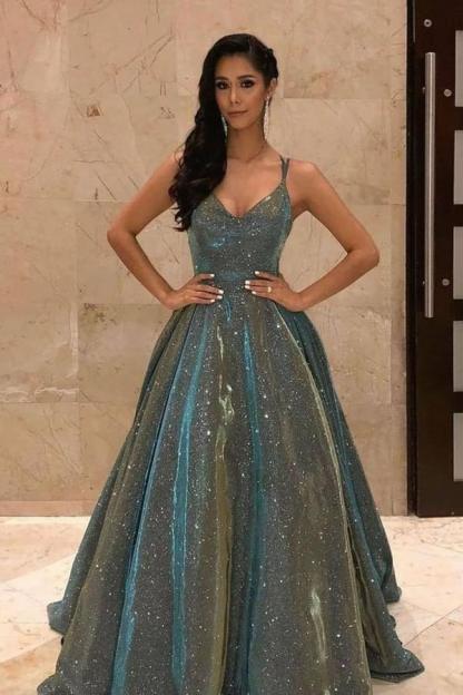 Long A-line V-neck Backless Floor-length Prom Dress With Ruffles