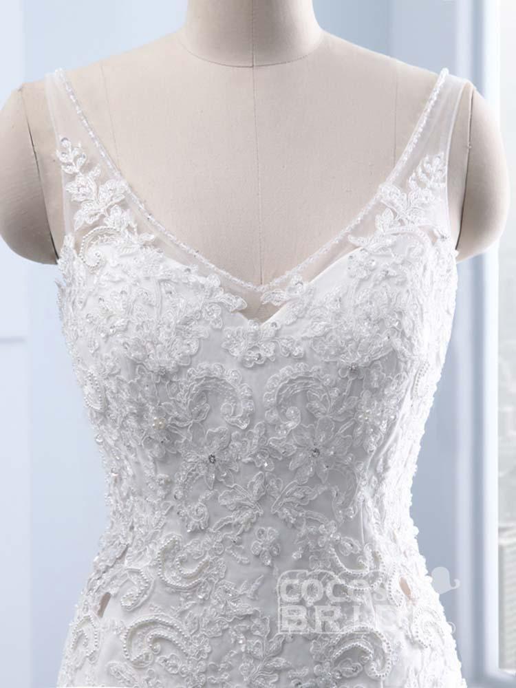 Elegant Long V-neck Lace Mermaid Tulle Wedding Dresses