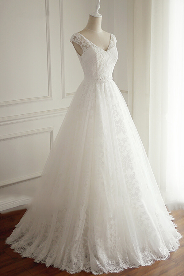 Elegant Long V-neck Lace A-line Wedding Dress