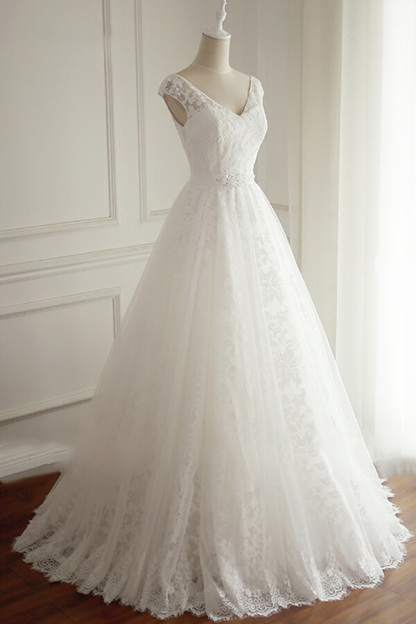 Elegant Long V-neck Lace A-line Wedding Dress