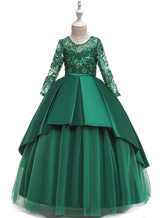 Princess Floor Length Wedding / Party / Pageant Flower Girl Dresses - Lace / Satin / Tulle Long Sleeve Jewel Neck With Lace / Belt / Crystals