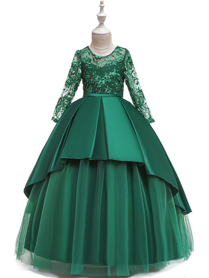 Princess Floor Length Wedding / Party / Pageant Flower Girl Dresses - Lace / Satin / Tulle Long Sleeve Jewel Neck With Lace / Belt / Crystals