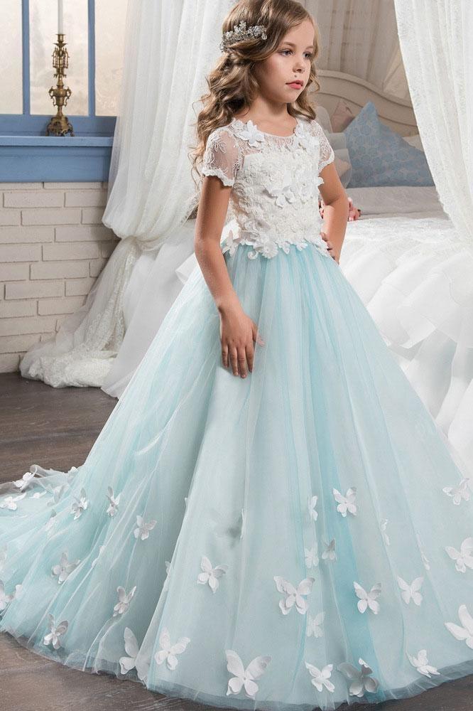 Pink Scoop Neck Short Sleeves Ball Gown Flower Girl Dress