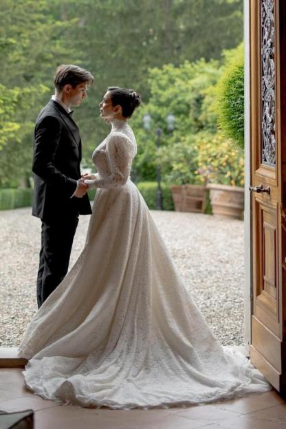 Lace A-Line Ruffled High Neck Long Sleeve Floor Length Wedding Dress