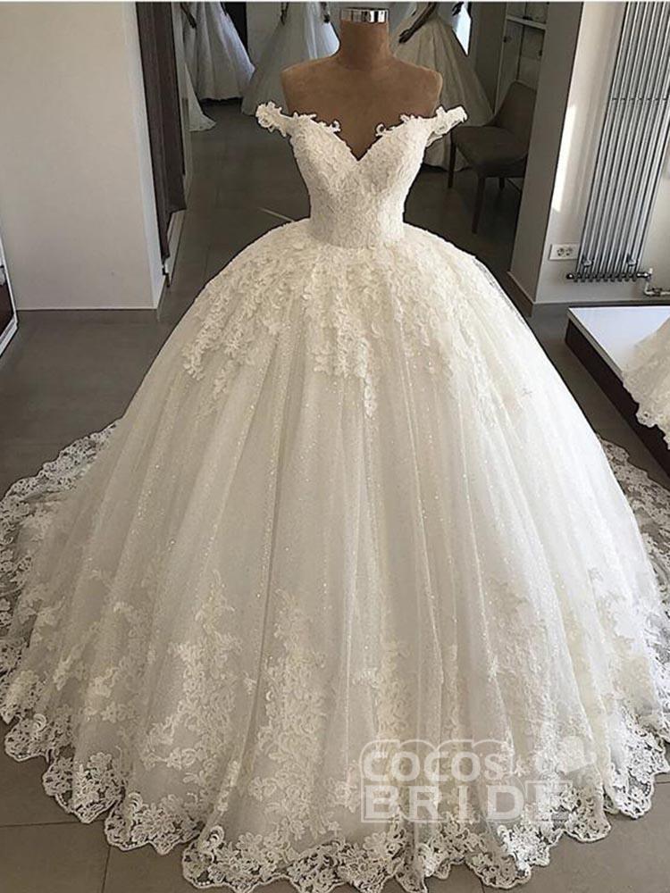 Long Off the Shoulder V-Neck Lace Ball Gown Wedding Dresses