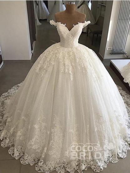 Long Off the Shoulder V-Neck Lace Ball Gown Wedding Dresses