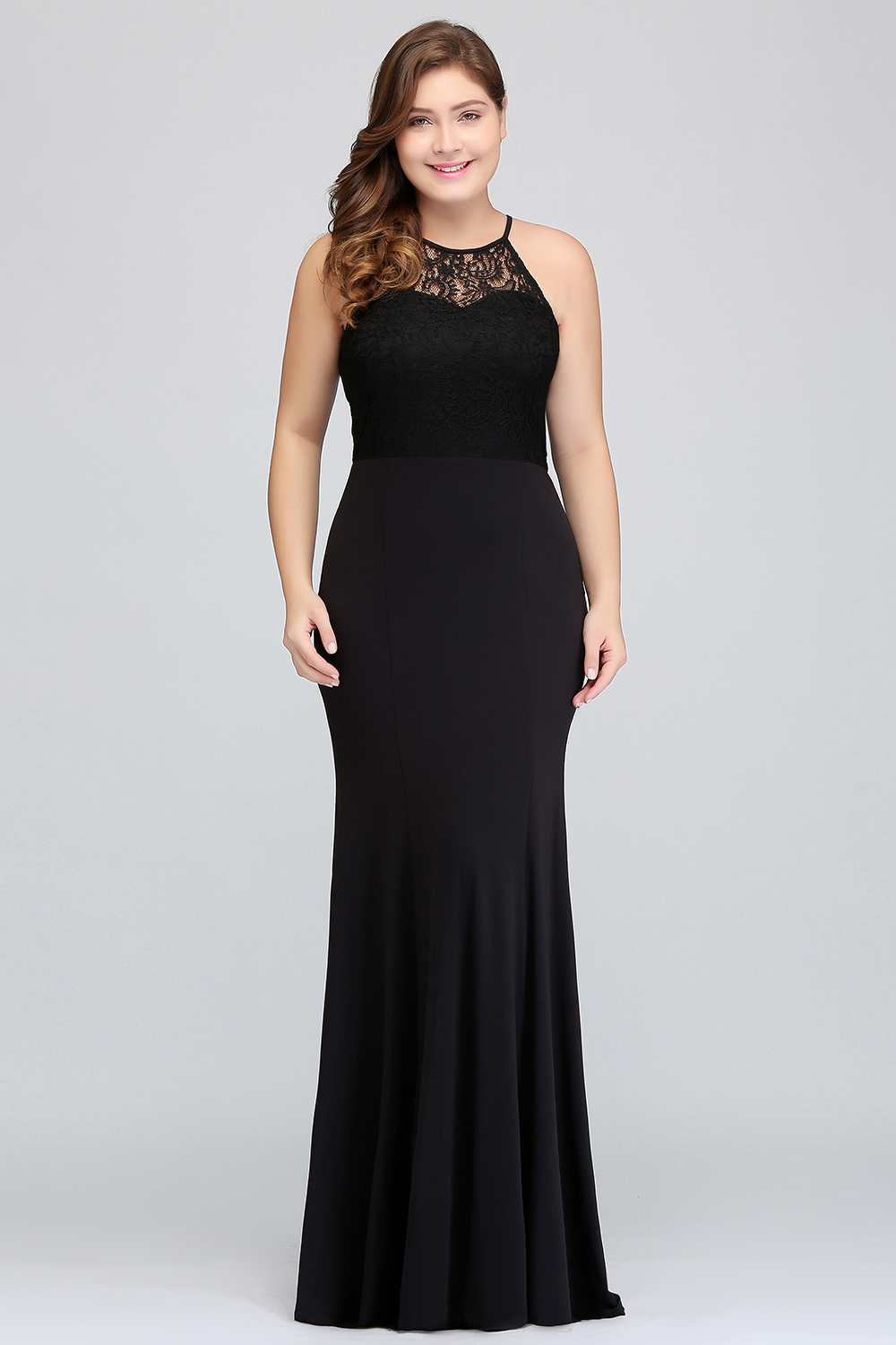 Plus Size Black Halter Spaghetti Straps Floor-length Ruffles Mermaid Prom Dress