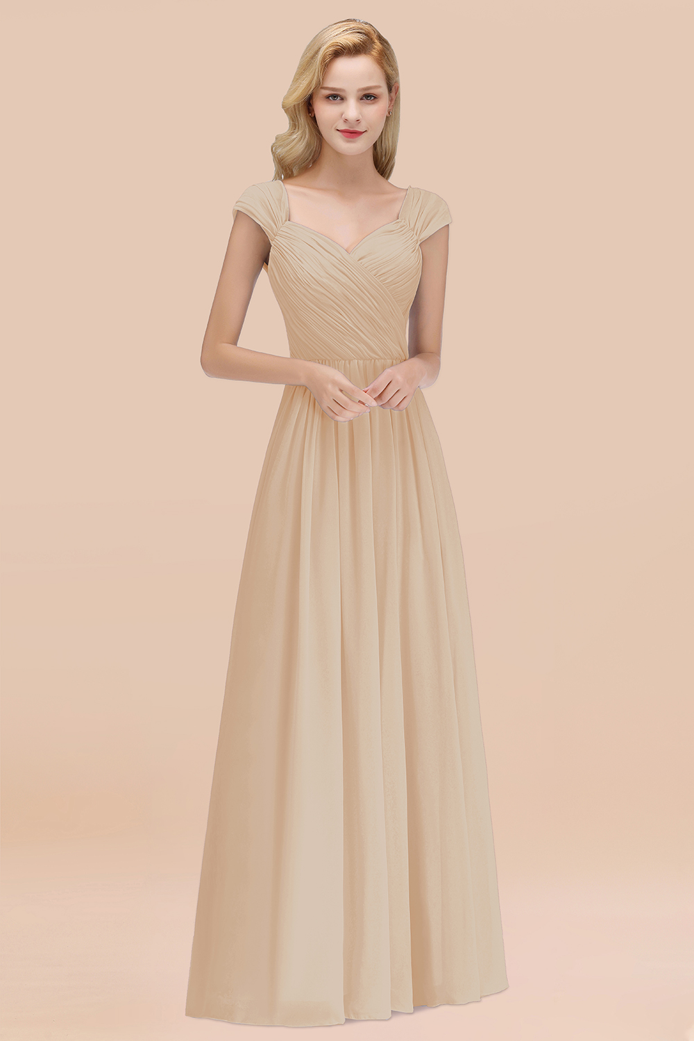 A-Line Chiffon Straps Sweetheart Sleeveless Floor-Length Bridesmaid Dress with Ruffles