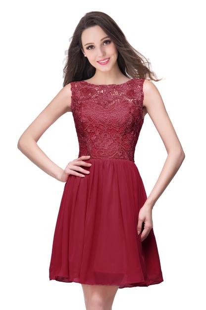Simple Crew Neck Off The Shoulder Lace Chiffon Mini Homecoming Dress