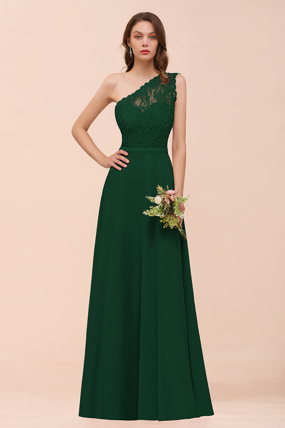 Classy One Shoulder Appliques Lace Floor-length A-Line Chiffon Bridesmaid Dress