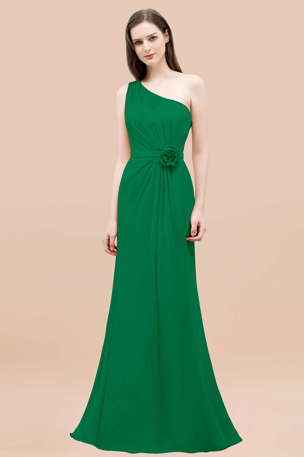 Mermaid Chiffon One-shoulder Sleeveless Ruffled Floor-Length Bridesmaid Dresses with Flower