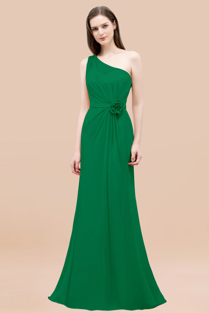 Mermaid Chiffon One-shoulder Sleeveless Ruffled Floor-Length Bridesmaid Dresses with Flower