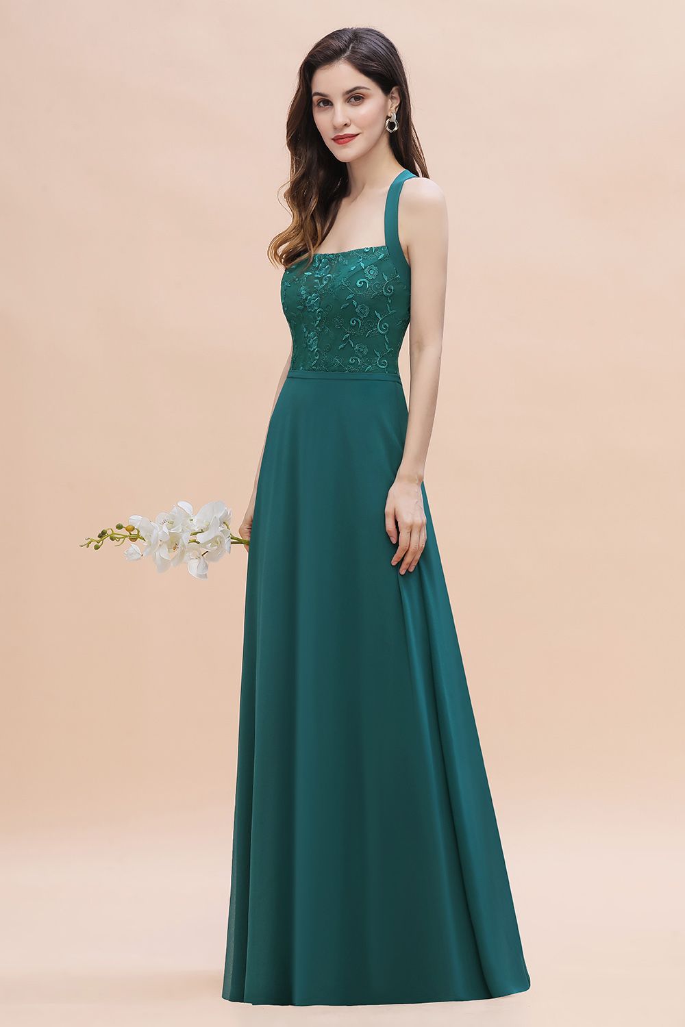 Classy Wide Straps A-Line Halter Floor-length Chiffon Bridesmaid Dress