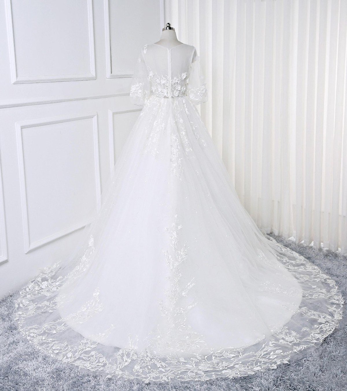 White Long A-line Lace Flowers Half Sleeves Bridal Wedding Dress