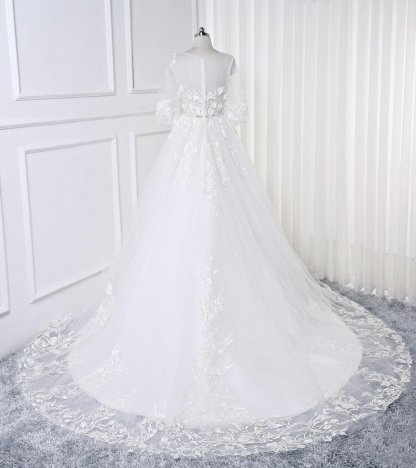 White Long A-line Lace Flowers Half Sleeves Bridal Wedding Dress