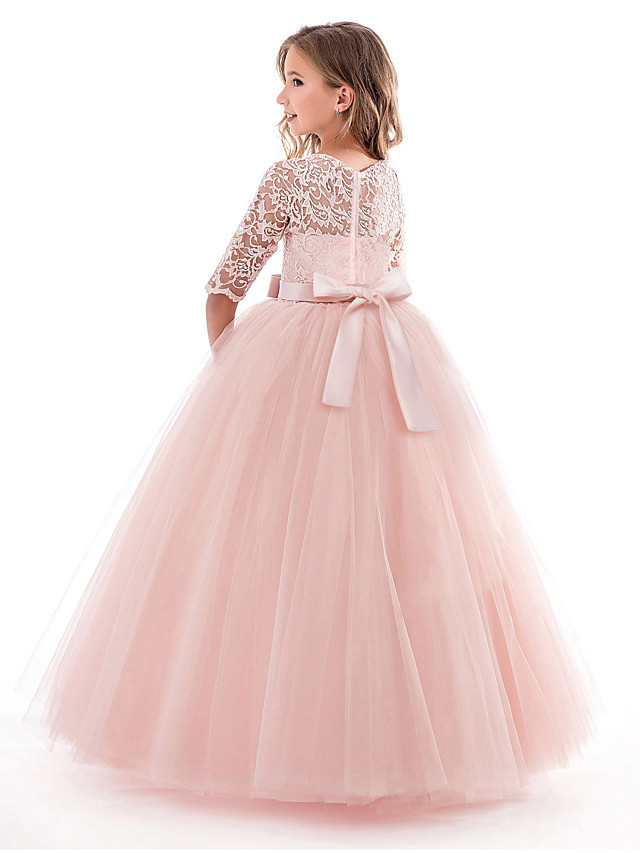 Princess Long Length Wedding / Party / Pageant Flower Girl Dresses - Lace / Tulle Half Sleeve Jewel Neck With Lace / Belt