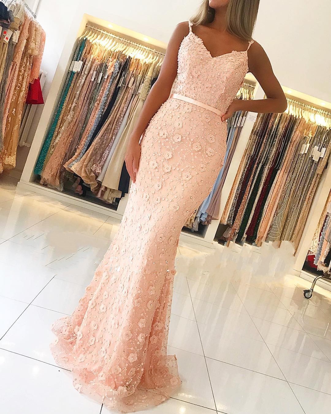 Classy Spaghetti Straps Sweetheart Lace Open Back Mermaid Prom Dress