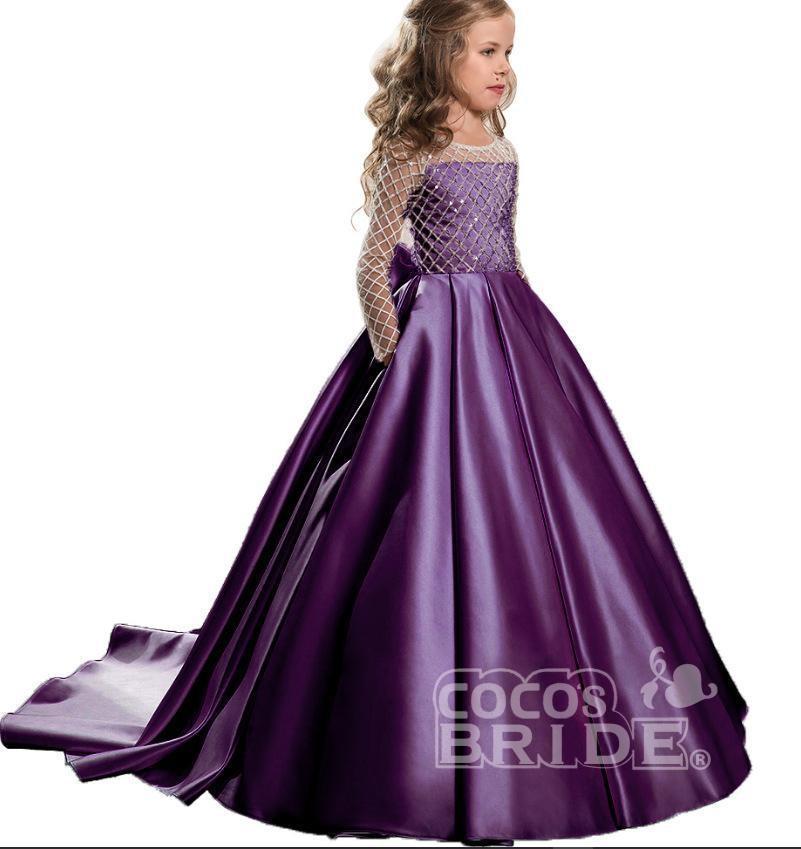 White Scoop Neck Long Sleeves Ball Gown Flower Girls Dress