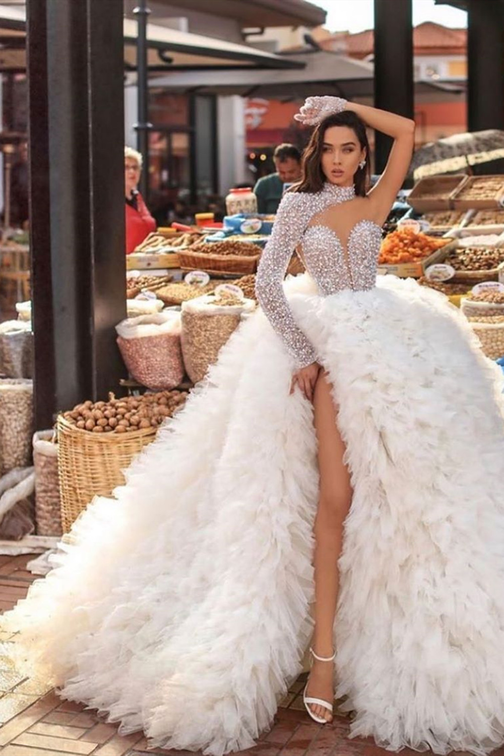 Sexy Long Ball Gown One Shoulder Feather Sequins Tulle Wedding Dress with  Slit  COCOSBRIDE