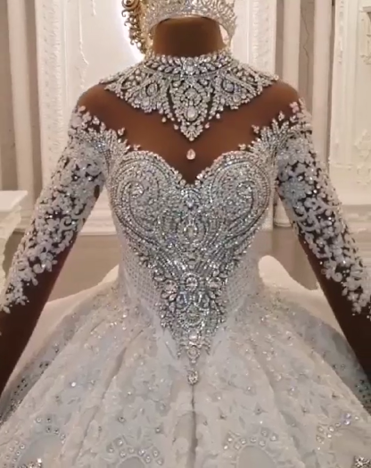 High Neck Train Long Sparkle Applique Satin Ball Gown Wedding Dresses with Sleeves