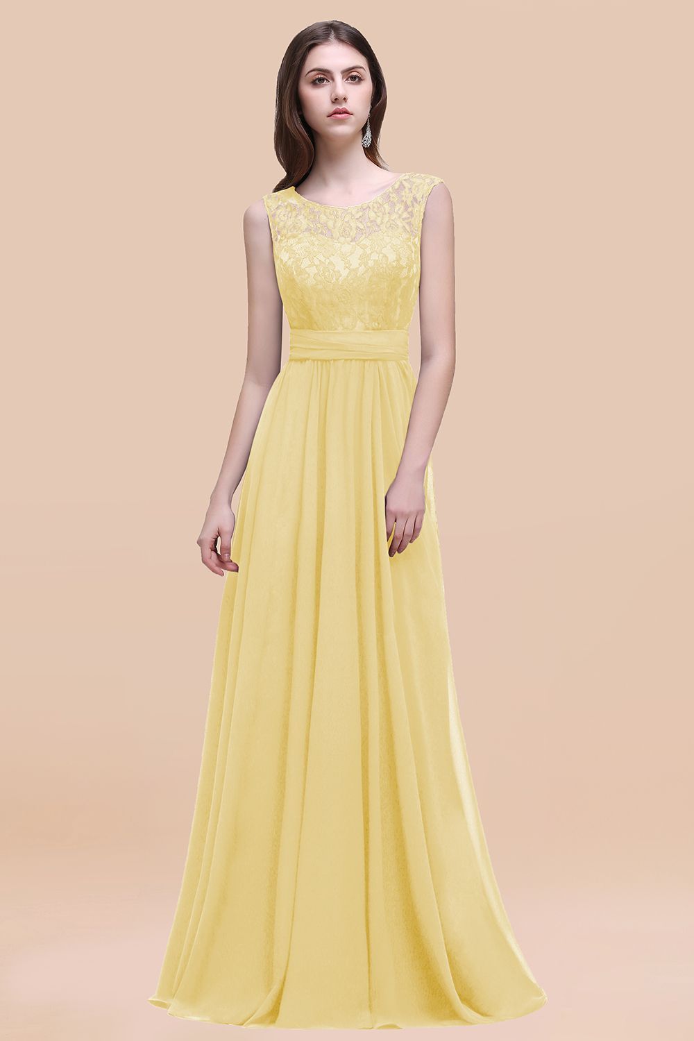 Elegant A-line Chiffon Lace Scoop Sleeveless Floor-Length Bridesmaid Dress