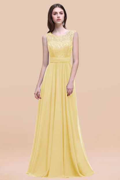 Elegant A-line Chiffon Lace Scoop Sleeveless Floor-Length Bridesmaid Dress