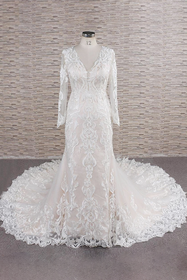 Chic Plus Size Long Sleeves V-neck Appliques Mermaid Wedding Dress