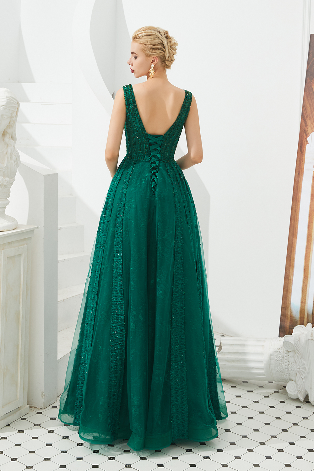 Long V-neck Tulle A-line Sequin Burgundy Formal Dresses