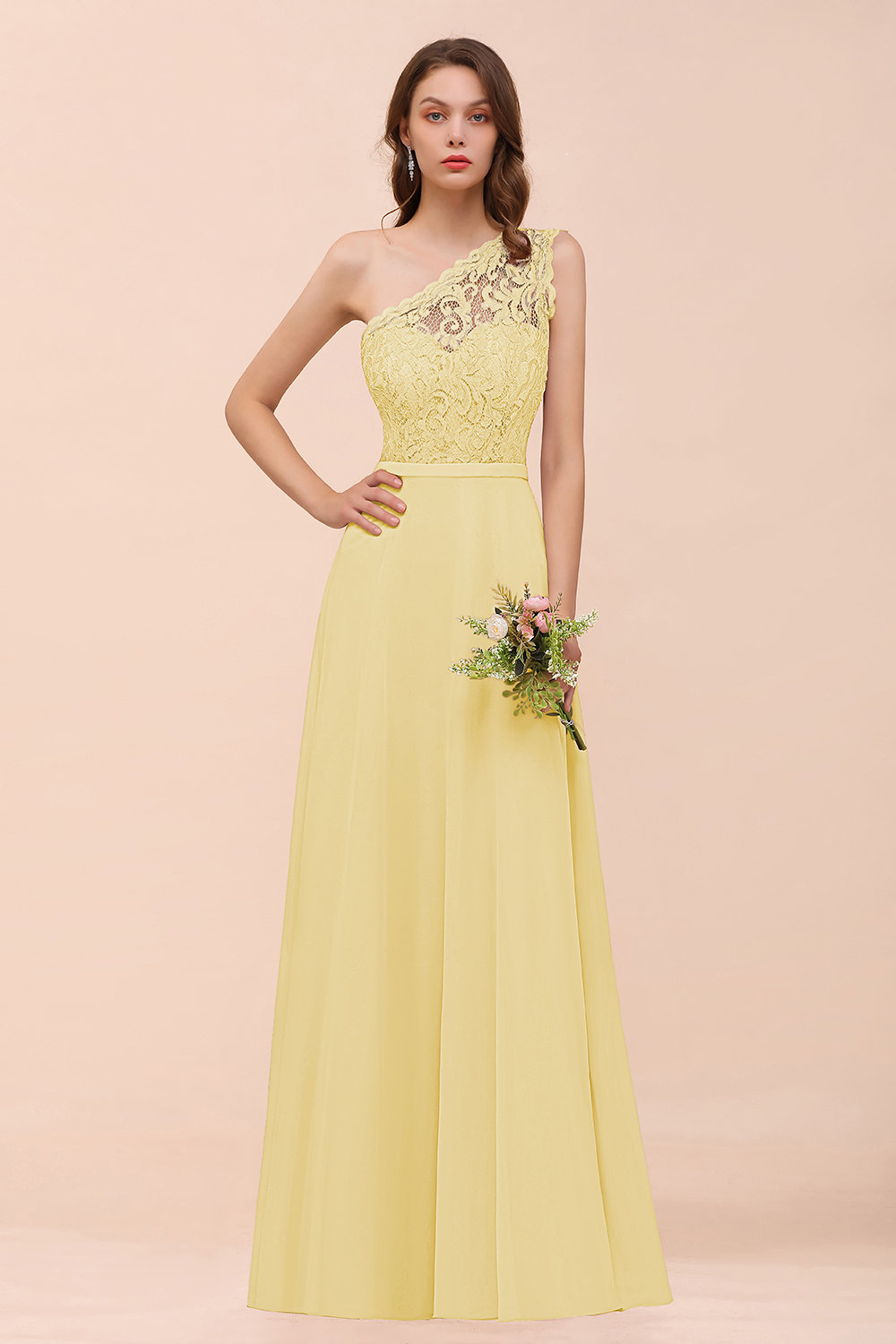 Classy One Shoulder Appliques Lace Floor-length A-Line Chiffon Bridesmaid Dress