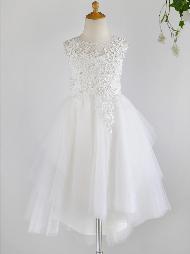 Ball Gown Asymmetrical Wedding / First Communion / Birthday Flower Girl Dresses - Lace / Tulle Sleeveless Jewel Neck With Beading