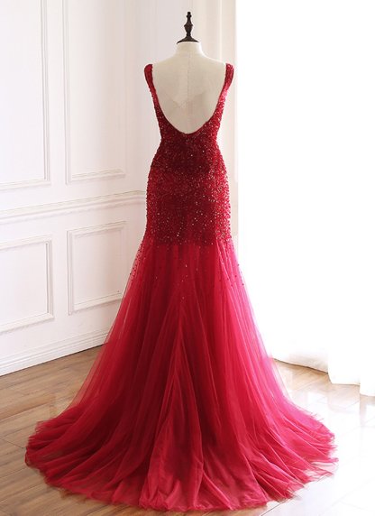 Burgundy Tulle Open Back Beaded Long Mermaid Prom Dress