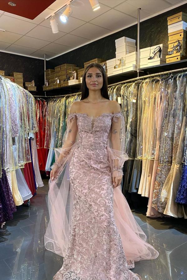 Sweetheart Long Sleeve Off-the-shoulder Appliques Lace Tulle Mermaid Prom Dress