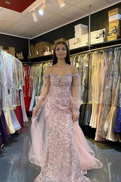 Sweetheart Long Sleeve Off-the-shoulder Appliques Lace Tulle Mermaid Prom Dress